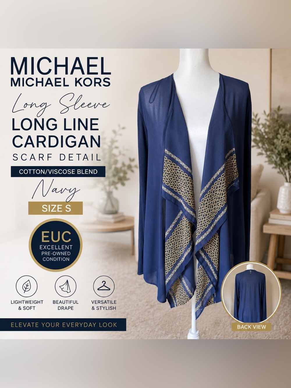 Michael Kors Sheer Waterfall Draped Open Front knit Cardigan  sweater Blue Sz S